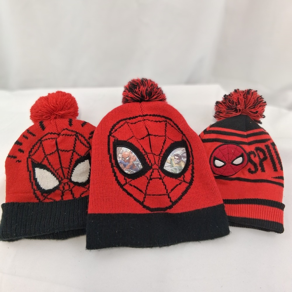 Marvel Spider Man Lot of 3‎ Red Black Knit Pom Beanie Boys One Size Used